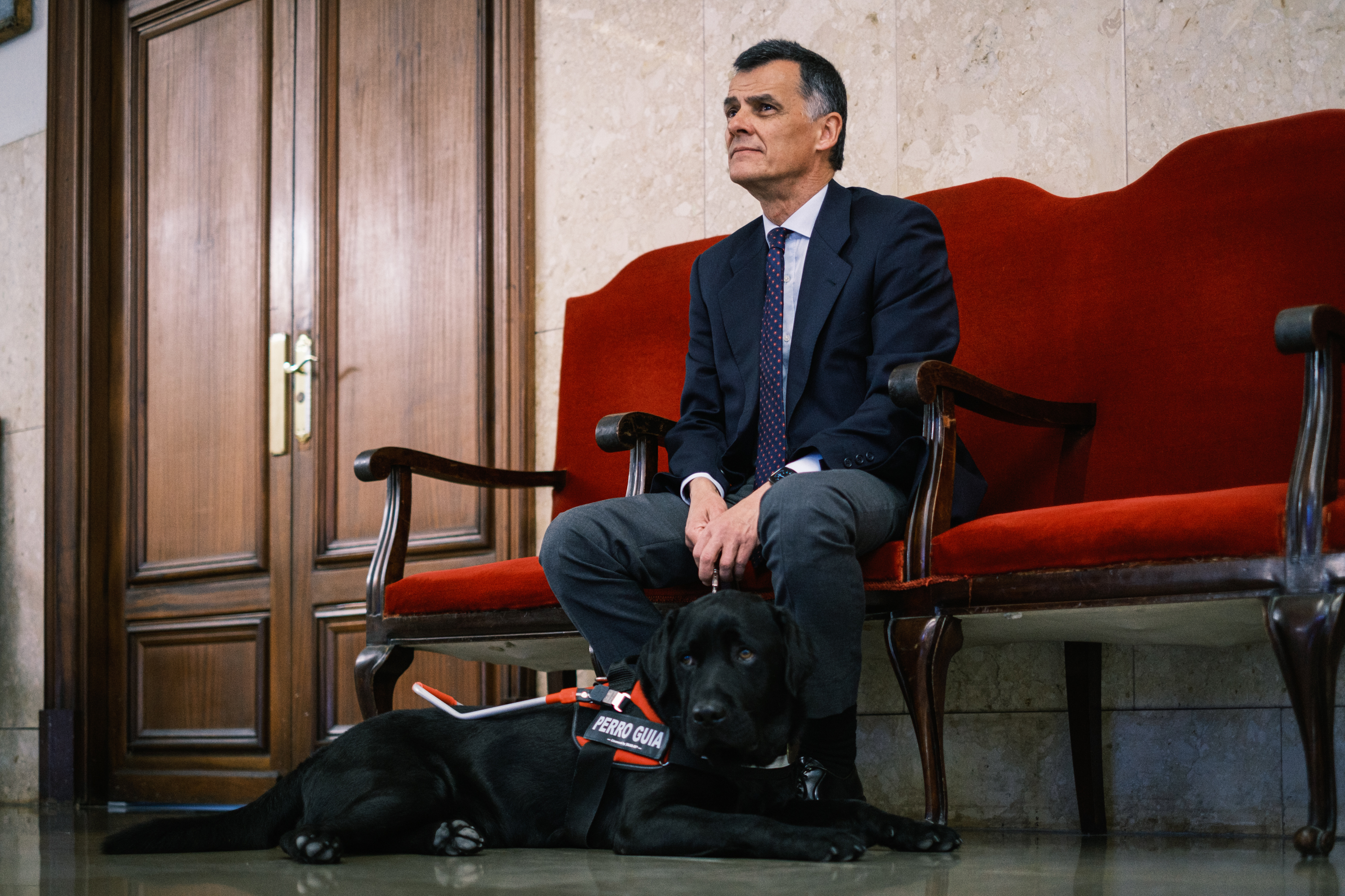 De Oro-Pulido sentado en un banco en un hall de la Audiencia con su perro guía tumbado
