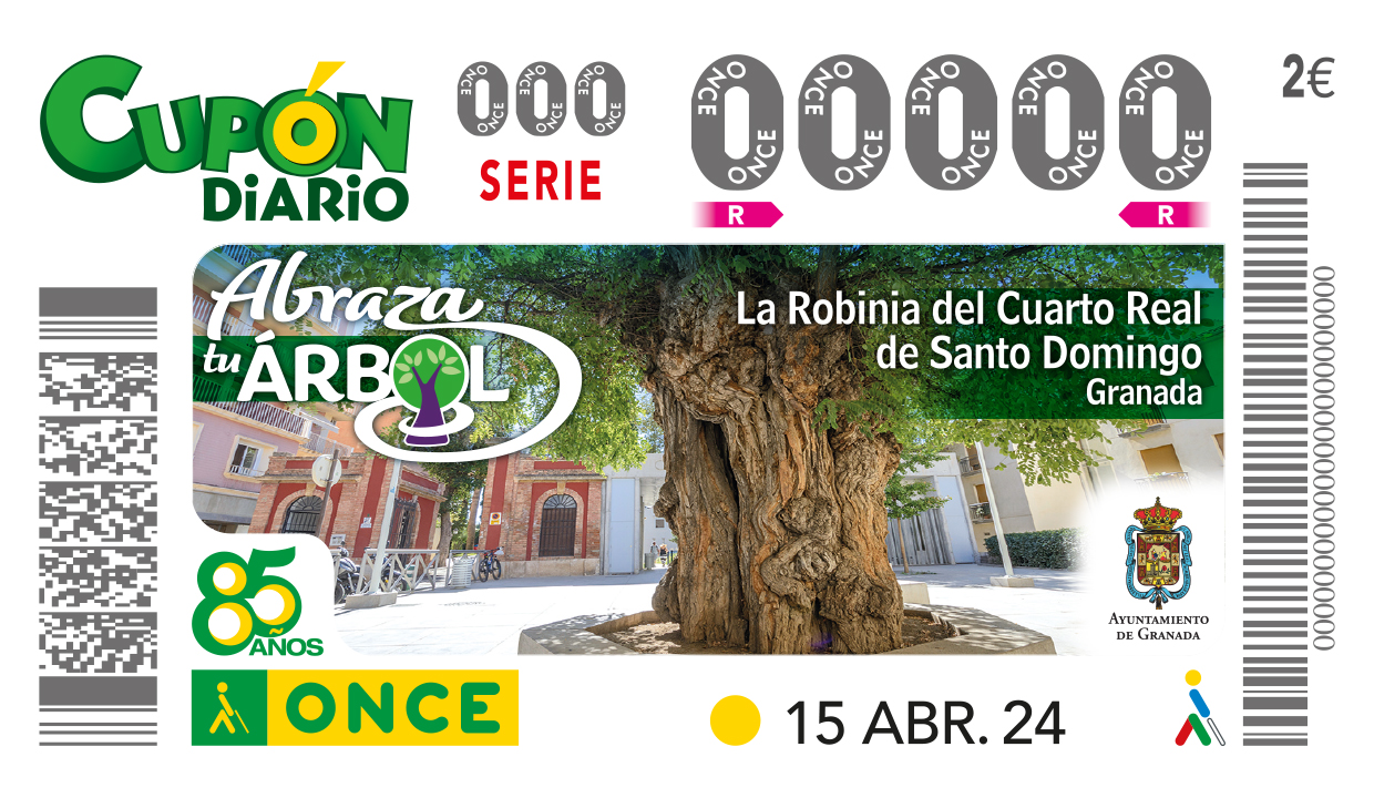 Imagen del cupón del 15 de abril, dedicado al árbol La Robinia del Cuarto Real de Santo Domingo de Granada
