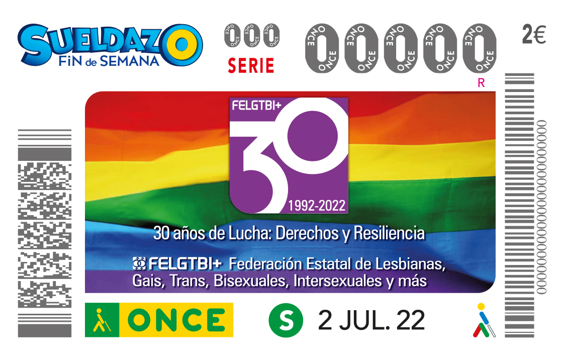 Imagen del cupón de la ONCE dedicado, el próximo 2 de julio, al Día del Orgullo LGTBI+