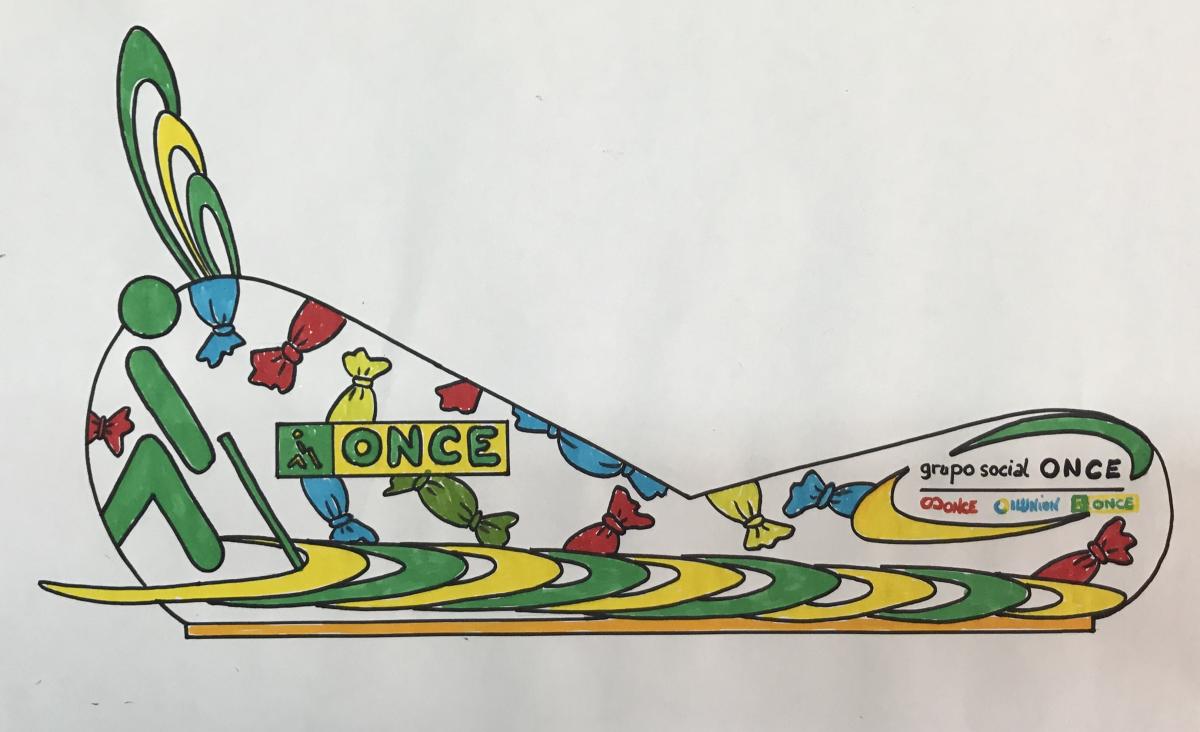 Este es el diseño de la carroza de la ONCE y del Grupo Social ONCE, con protagonismo de ONCELIO, los colores corporativos y los caramelos