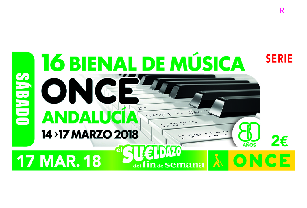 Cupón del sorteo del 17 de marzo, dedicado a la 16 Bienal de Música de la ONCE que se celebra en Andalucía