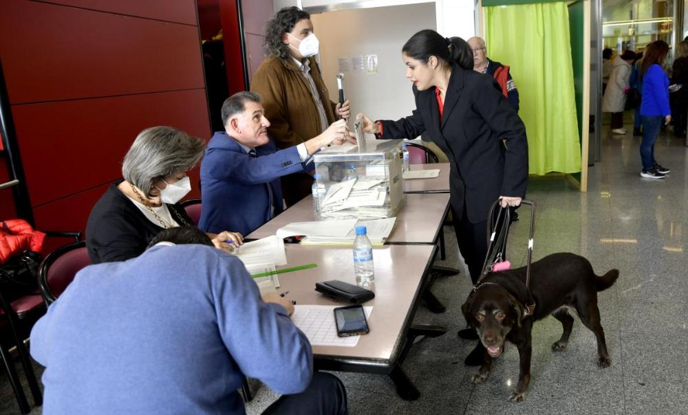 La malagueña Marina Rojas, con su perro guía, votó en Madrid, donde reside