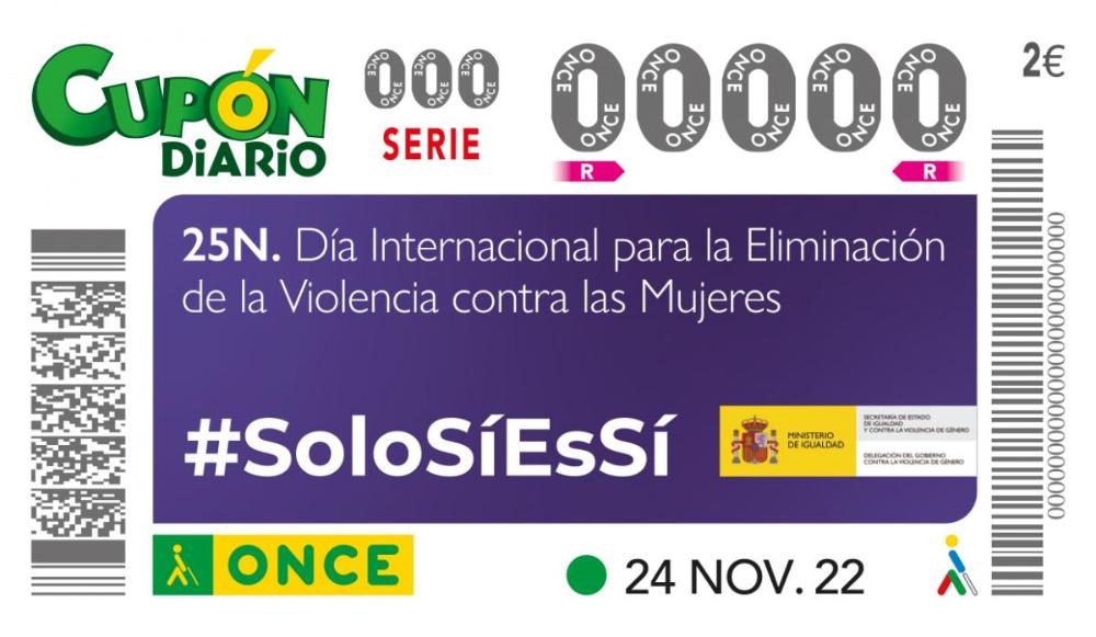Imagen del cupón de la ONCE dedicado al Día Internacional para la Eliminación de la Violencia contra las Mujeres